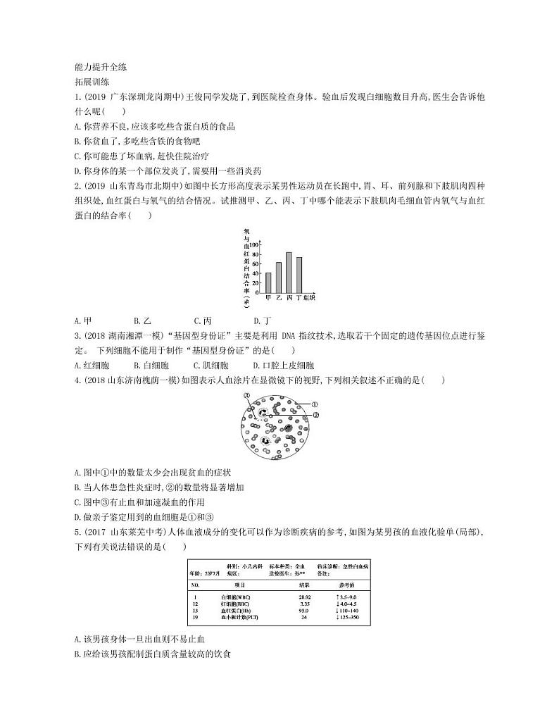 七年级生物下册第四单元生物圈中的人第四章人体内物质的运输第一节流动的组织—血液拓展练习（pdf）（新版）新人教版02
