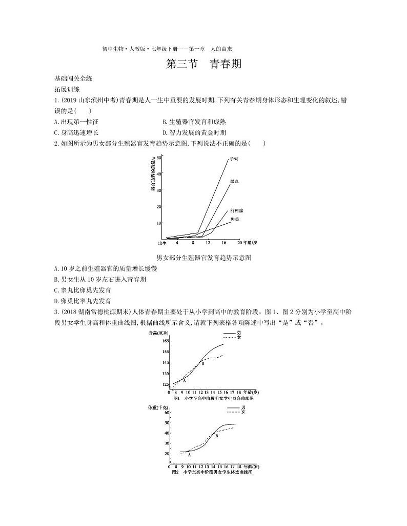 七年级生物下册第四单元生物圈中的人第一章人的由来第三节青春期拓展练习（pdf）（新版）新人教版01