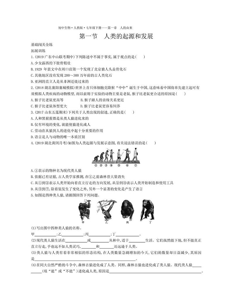 七年级生物下册第四单元生物圈中的人第一章人的由来第一节人类的起源和发展拓展练习（pdf）（新版）新人教版01