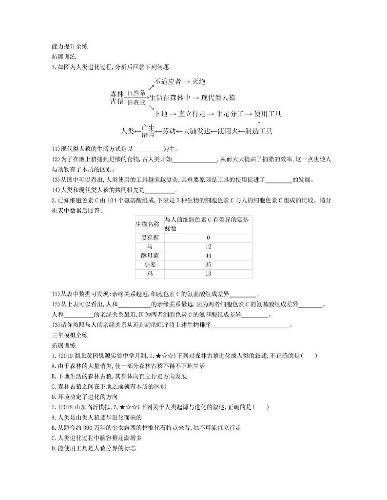 七年级生物下册第四单元生物圈中的人第一章人的由来第一节人类的起源和发展拓展练习（pdf）（新版）新人教版02
