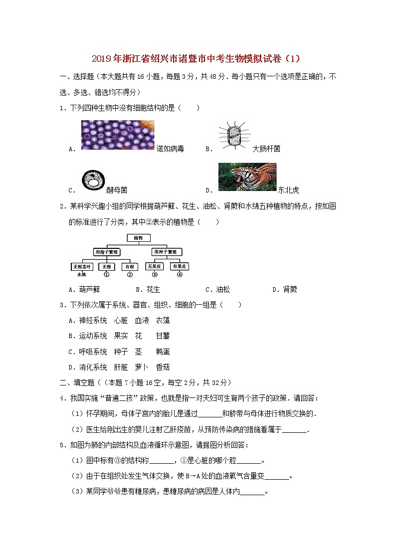 浙江省绍兴市诸暨市2019年中考生物模拟试卷（1）第1页
