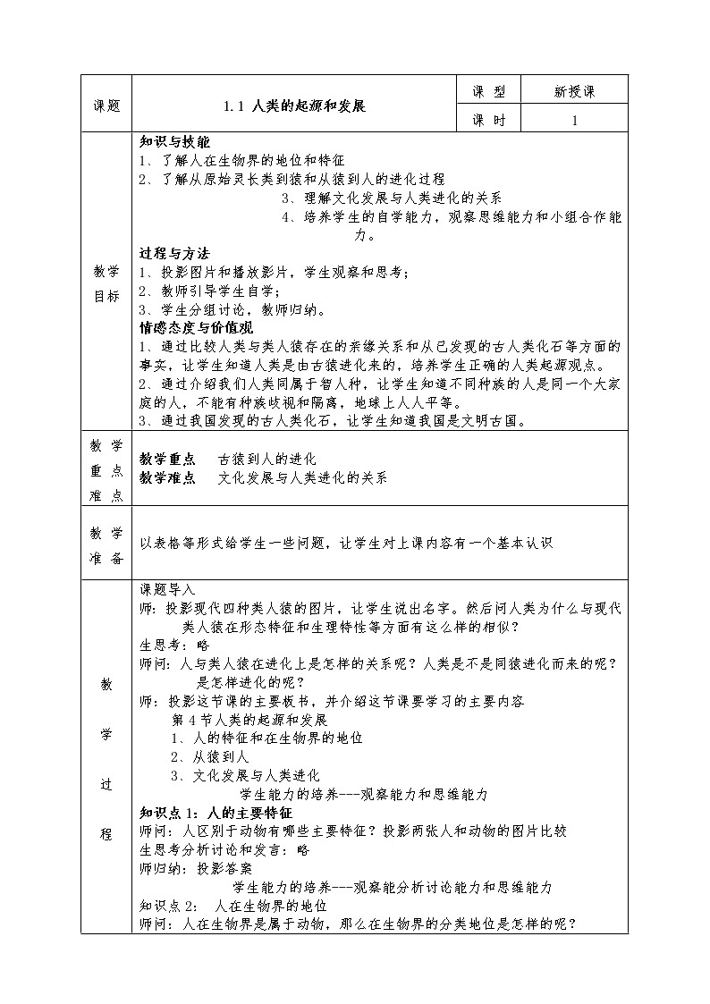 人教版七年级下册生物全册教案1.1 人类的起源和发展第1页