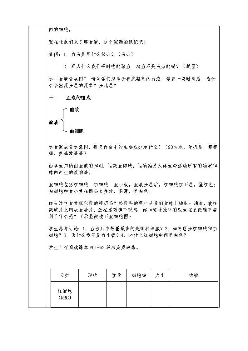 人教版七年级下册生物全册教案4.1 流动的组织--血液02