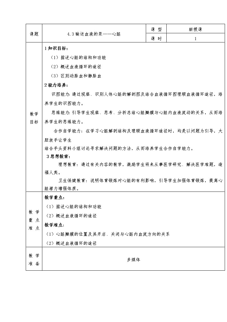 人教版七年级下册生物全册教案4.3 输送血液的泵——心脏01