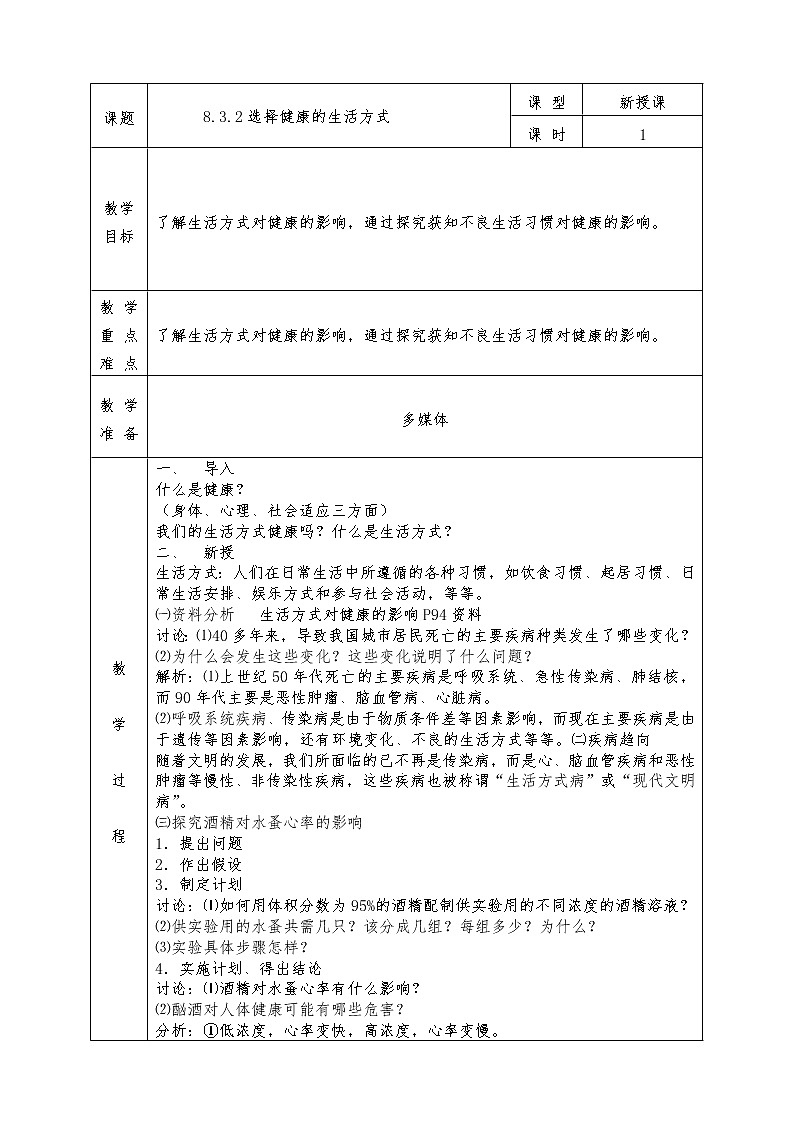 人教版八年级下册生物全册教案8.3.2选择健康的生活方式01