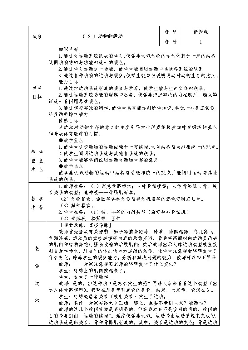 人教版八年级上册生物全册教案5.2.1　动物的运动01