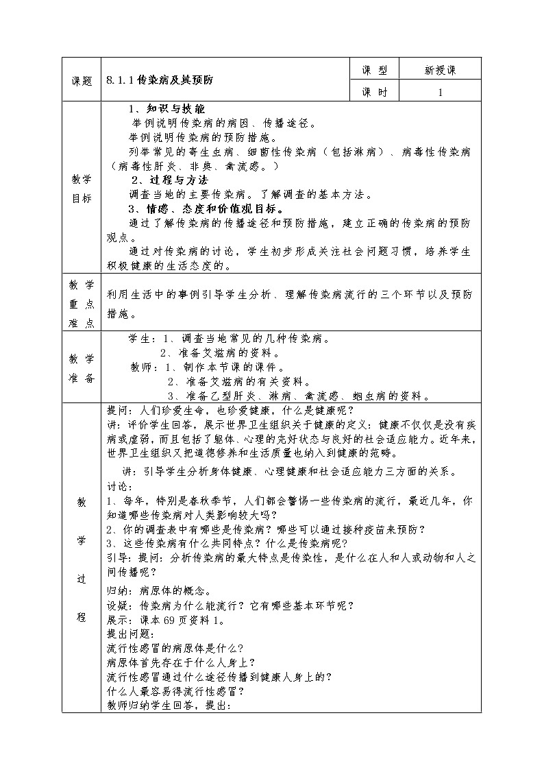 人教版八年级下册生物全册教案8.1.1传染病及其预防01