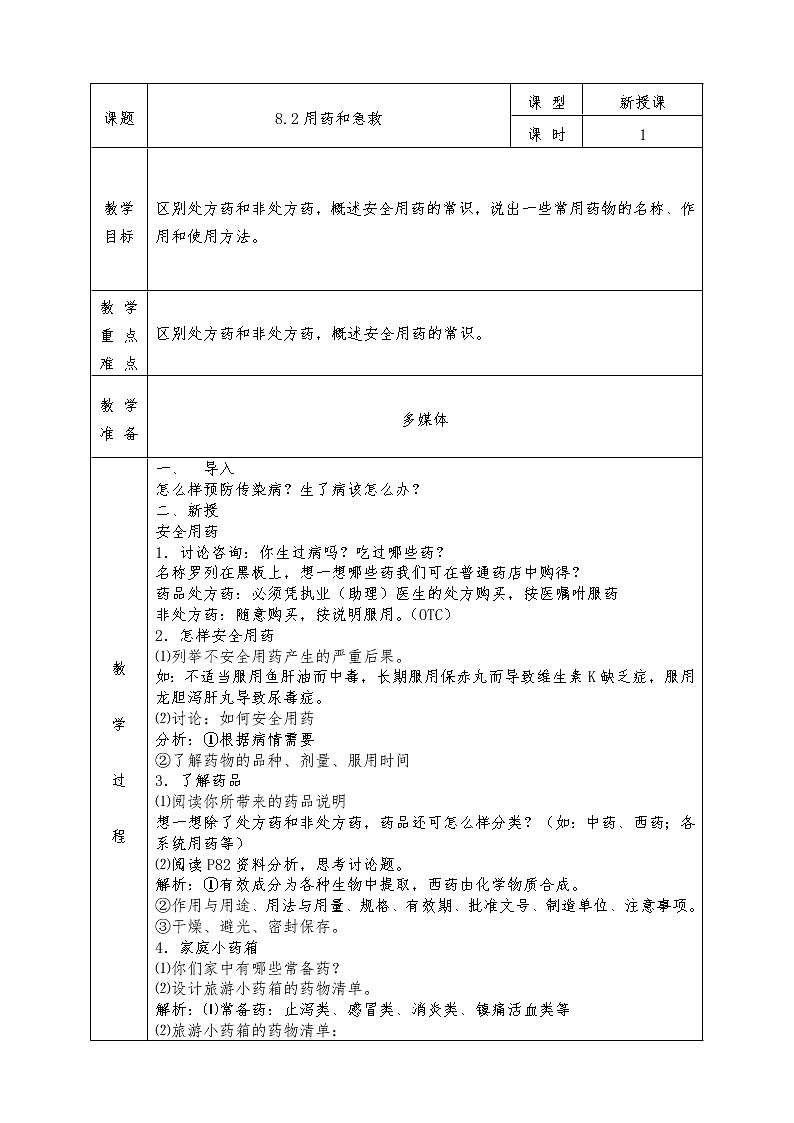 人教版八年级下册生物全册教案8.2   用药和急救01
