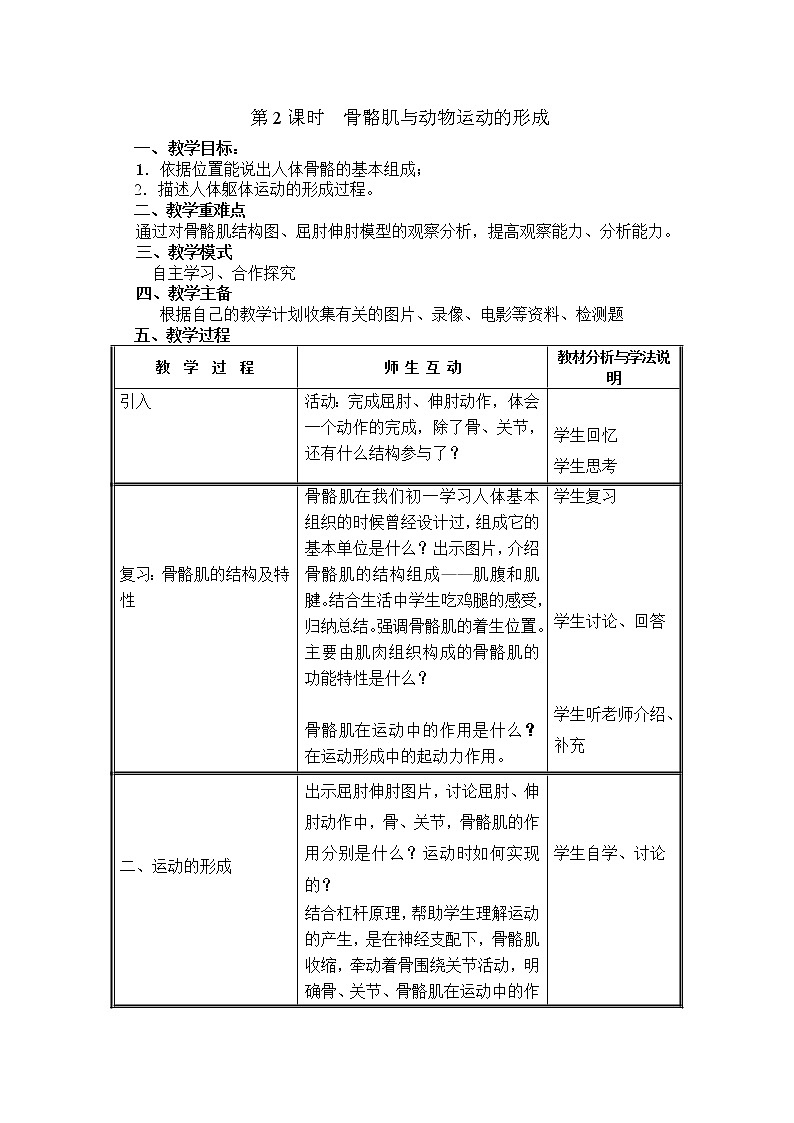 15.2.2  骨骼肌与动物运动的形成+教案01
