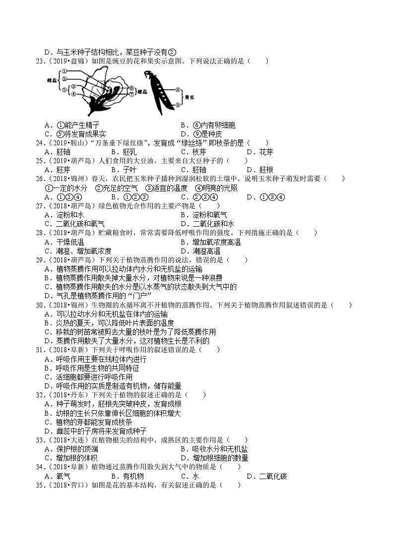 辽宁省2018-2020年近三年中考生物试题分类（3）——生物圈中的植物(含解析)03