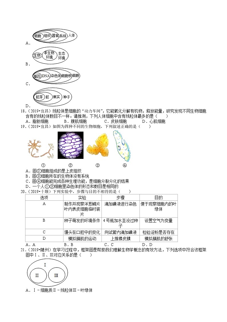 湖北省2018-2020年近三年中考生物试题分类（1）——生命的结构层次(含解析)03