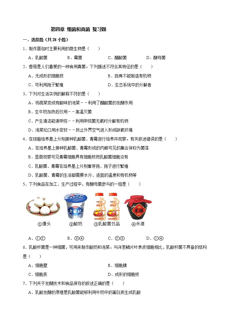 人教版生物八年级上册第五单元 第四章 细菌和真菌 复习题（解析版）01