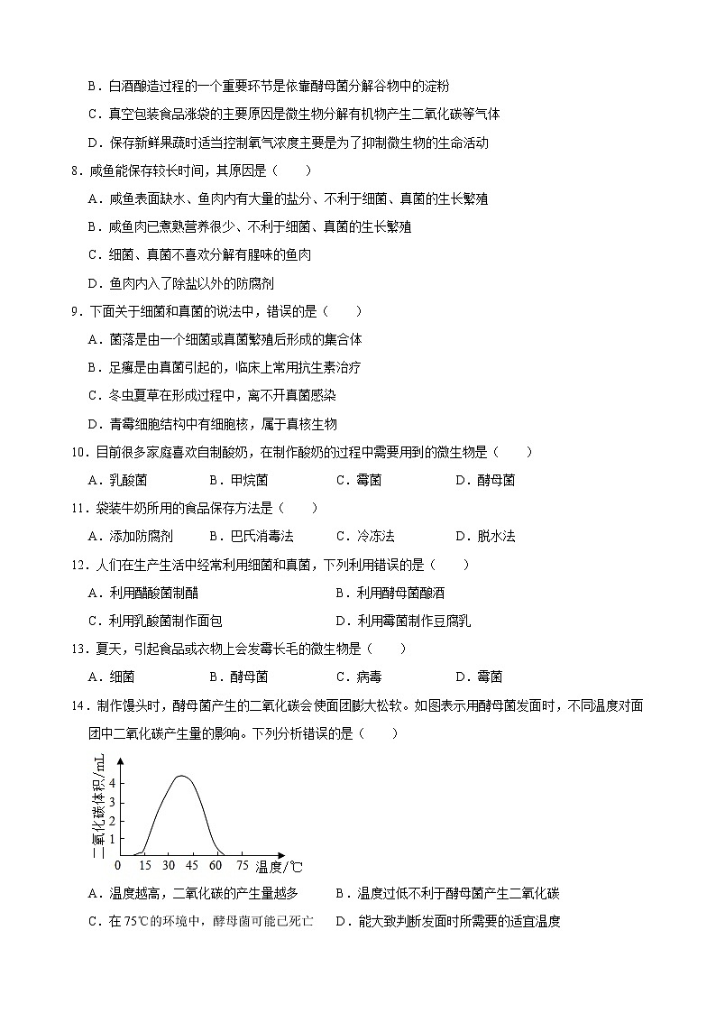 人教版生物八年级上册第五单元 第四章 细菌和真菌 复习题（解析版）02