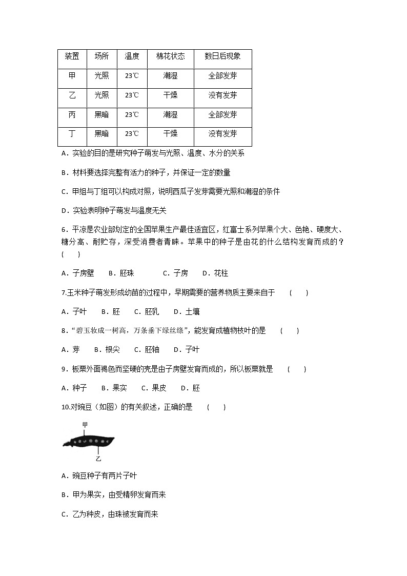 2019-2020学年人教版生物七年级上册第三单元《生物圈中的绿色植物》单元测试题及答案第2页