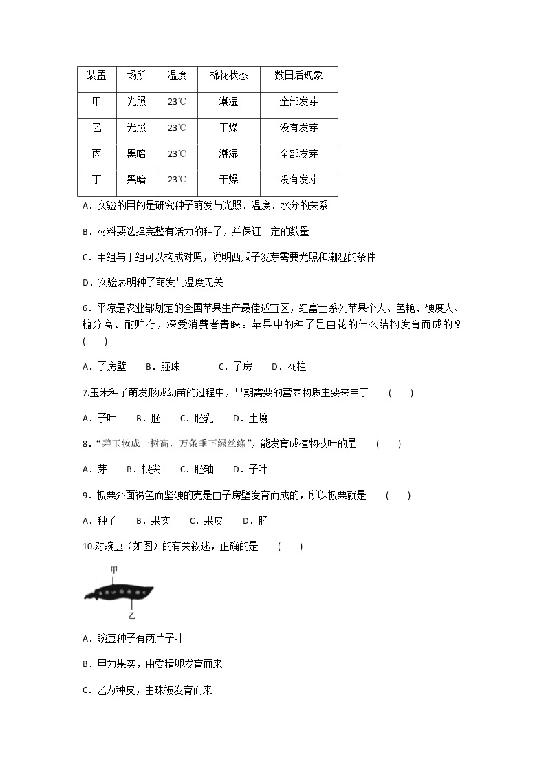 2019-2020学年人教版生物七年级上册第三单元《生物圈中的绿色植物》单元测试题及答案02