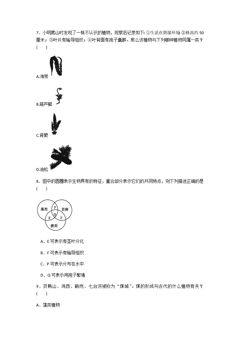 2020年人教版生物七年级上册第三单元第一章《生物圈中有哪些绿色植物》章节同步练习题及答案第3页