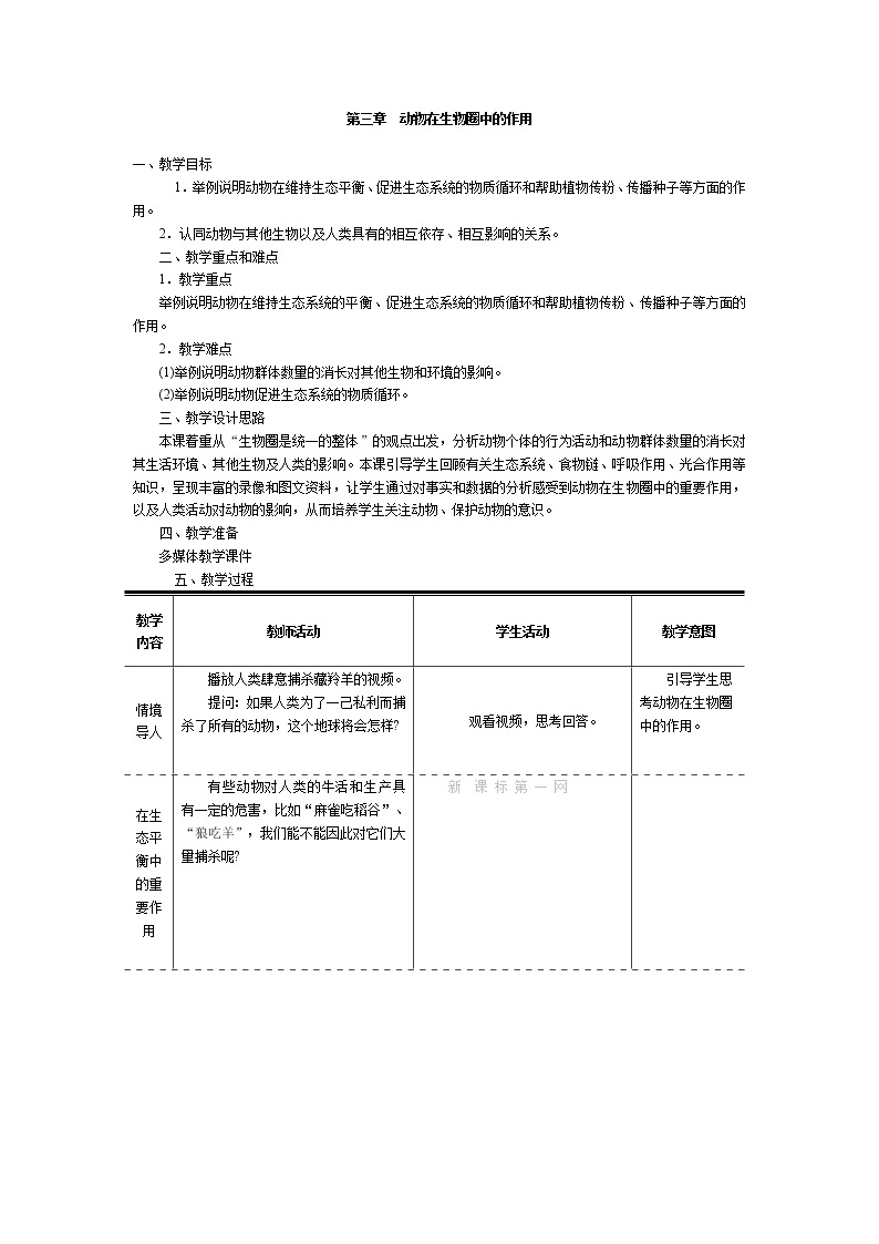 第五单元  生物圈中的其他生物3  动物在生物圈中的作用 精品教案01