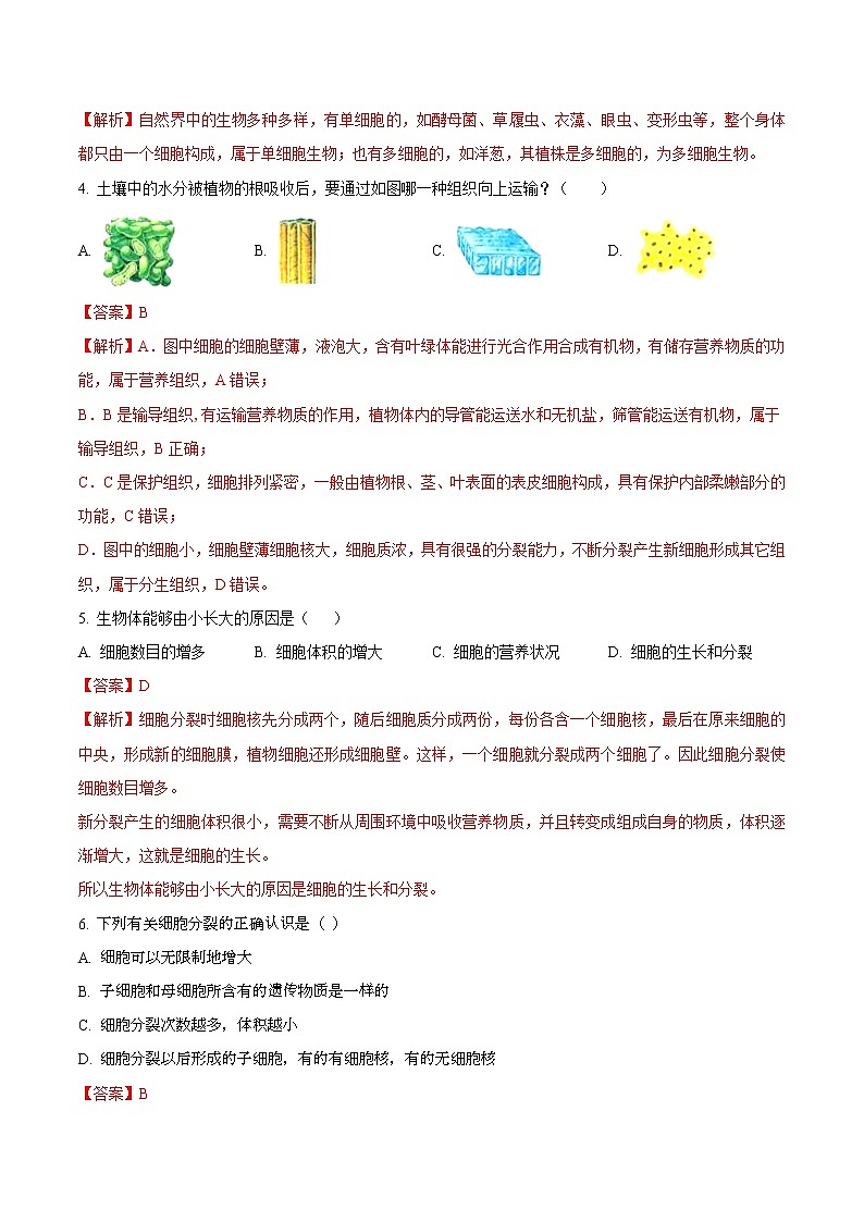 第二单元 细胞怎样构成生物体-2020-2021学年七年级生物上学期单元复习（人教版） 试卷02
