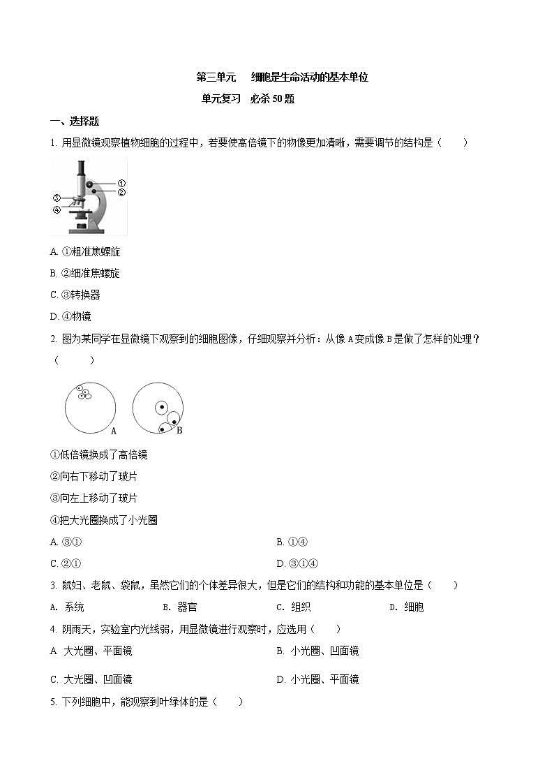 第二单元 细胞是生命活动的基本单位-2020-2021学年七年级生物上学期单元复习 试卷01