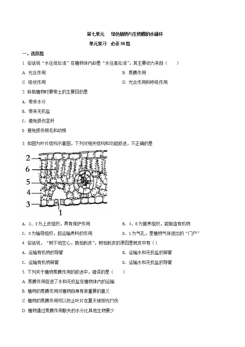 第三单元 绿色植物与生物圈的水循环-2020-2021学年七年级生物上学期单元复习 试卷01