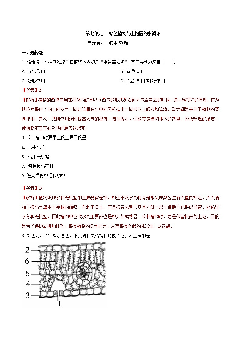 第三单元 绿色植物与生物圈的水循环-2020-2021学年七年级生物上学期单元复习 试卷01