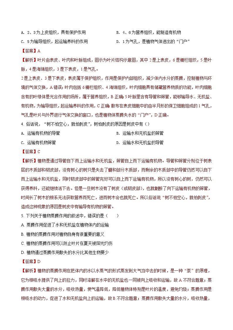 第三单元 绿色植物与生物圈的水循环-2020-2021学年七年级生物上学期单元复习 试卷02