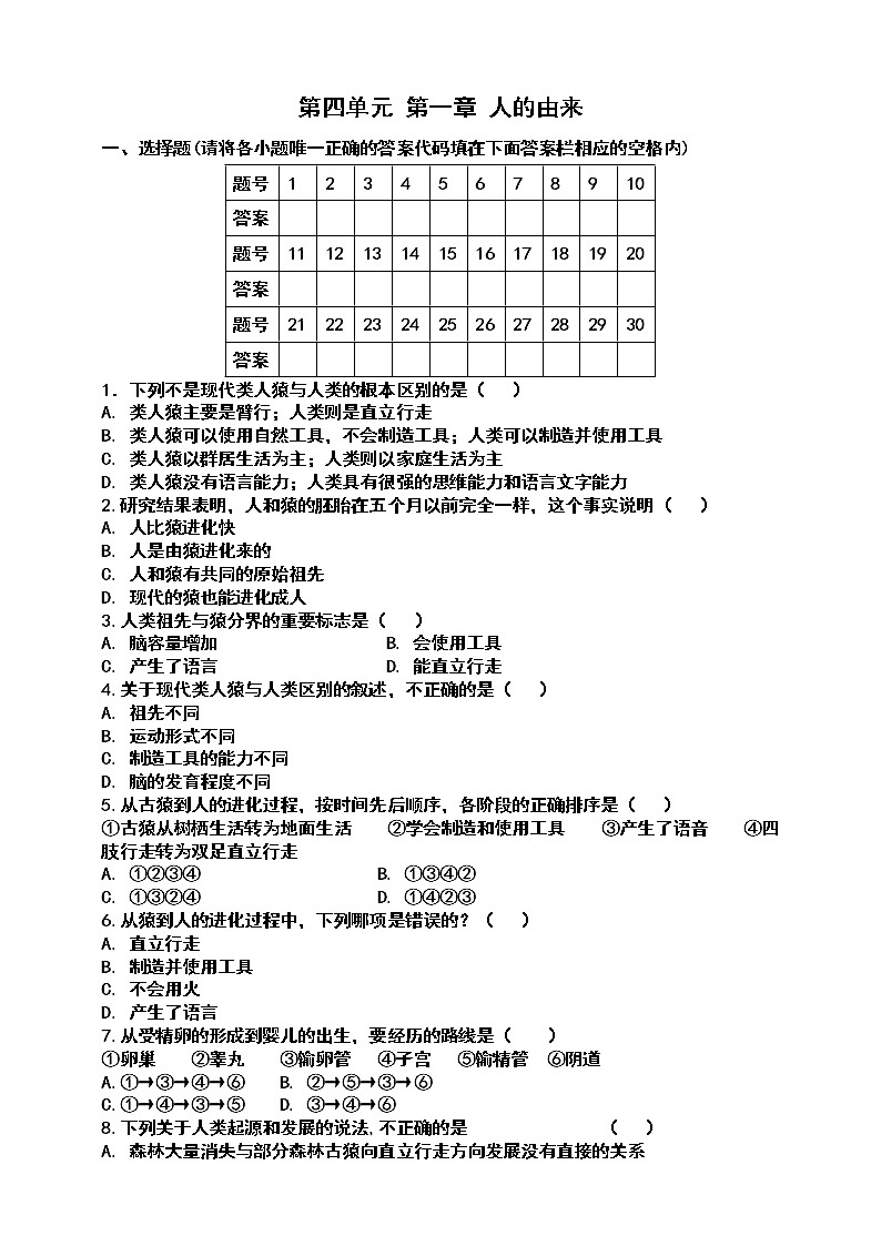 人教版七年级下第四单元 第一章 《人的由来》测试题第1页