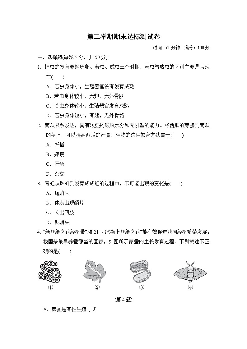 人教版八年级下册生物期末达标测试卷01