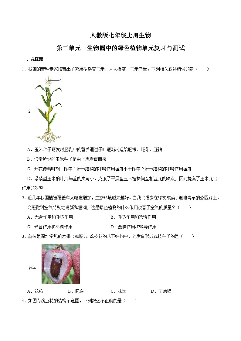 精品：人教版七年级生物上学期第三单元 《生物圈中的绿色植物》单元测试卷01