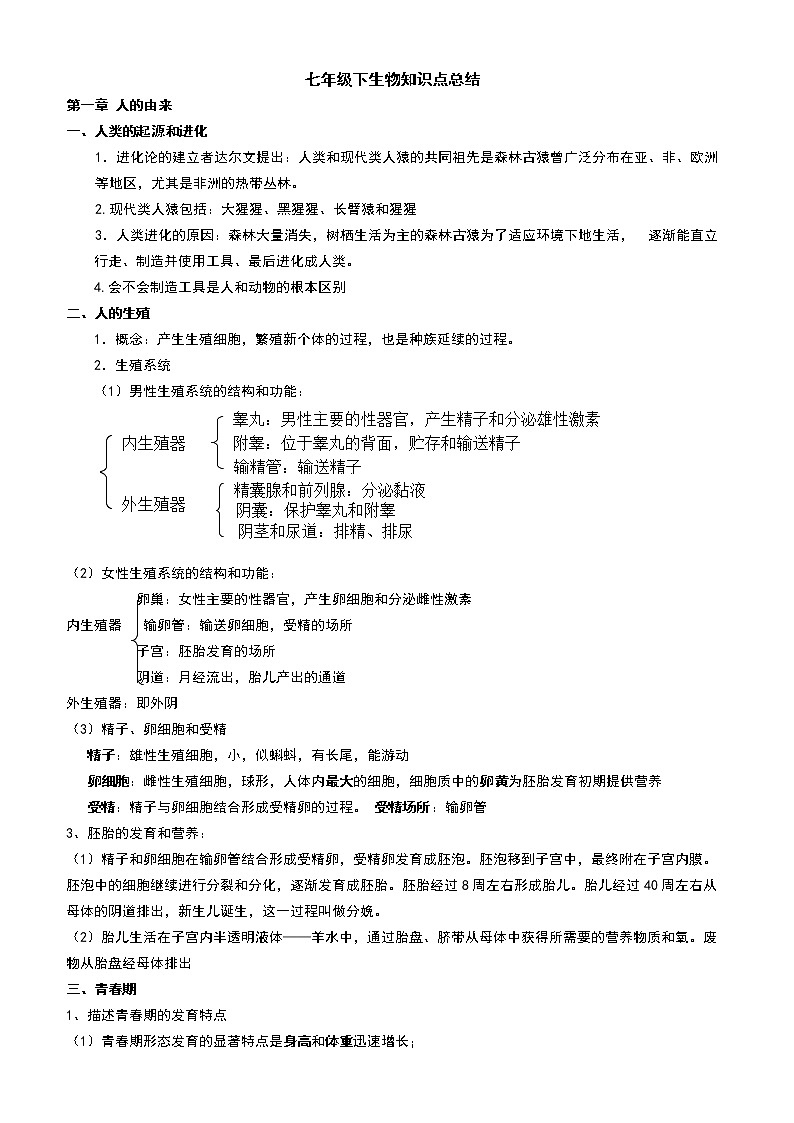 2020人教版初中生物七年级下册知识点汇总 学案01