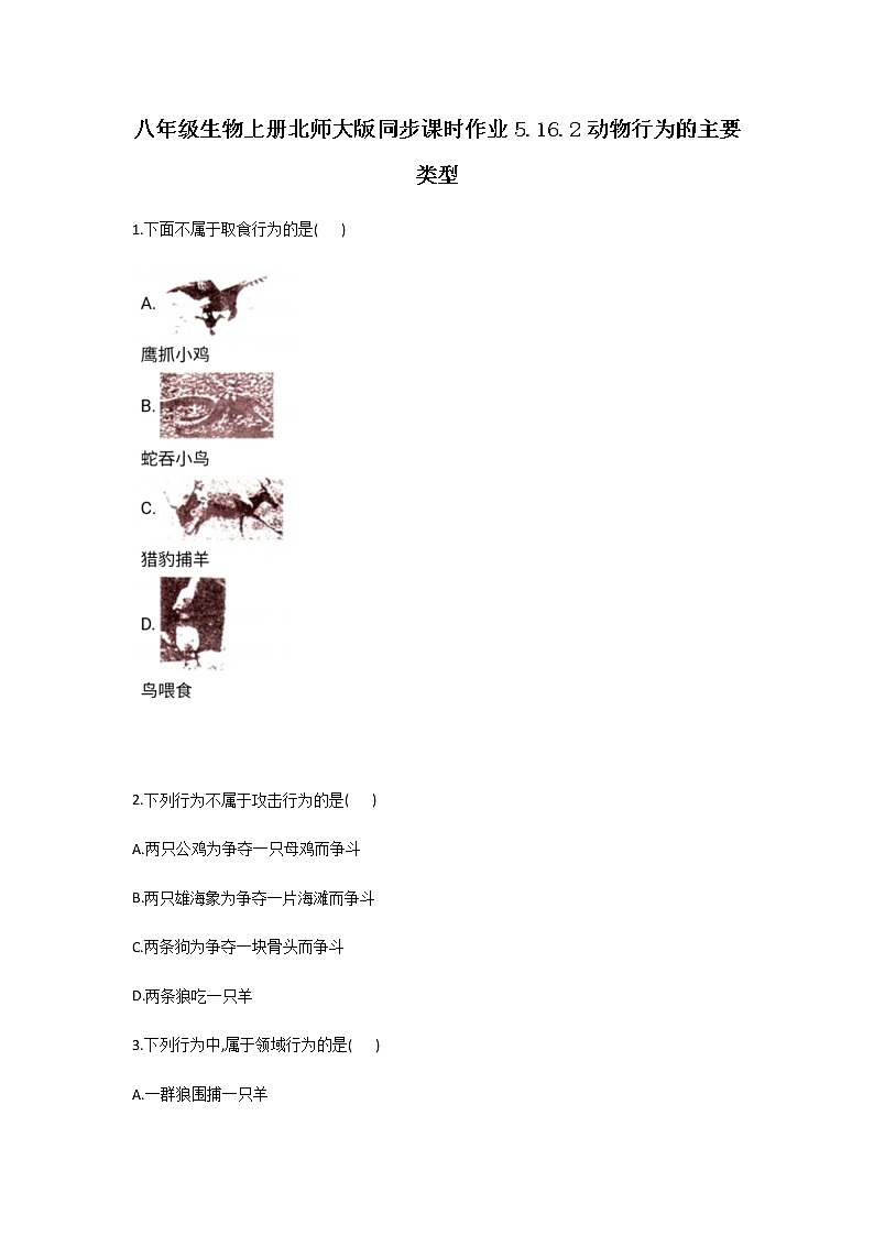 北师大版生物八年级上册5.16.2动物行为的主要类型（解析版） (2)精品试题01