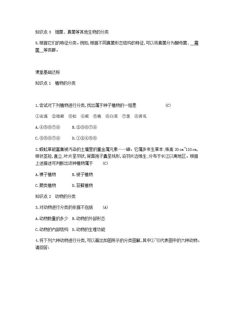 2020年人教版八年级生物上册6.1.1尝试对生物进行分类 学案02