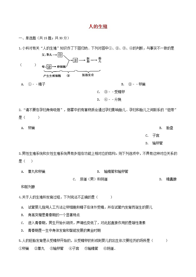 2021年人教版七年级生物下册 第1章第2节 人的生殖同步测试(含答案)01