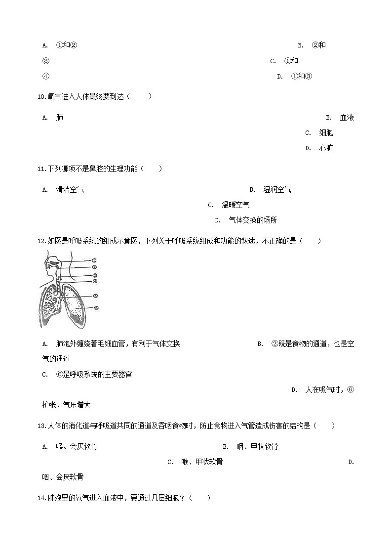 2021年人教版七年级生物下册 第3章第1节 呼吸道对空气的处理同步测试(含答案)03