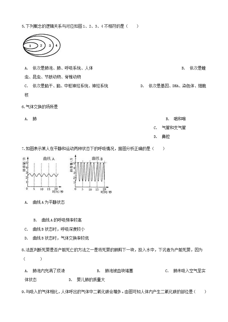2021年人教版七年级生物下册 第3章第2节 发生在肺内的气体交换同步测试(含答案)第2页