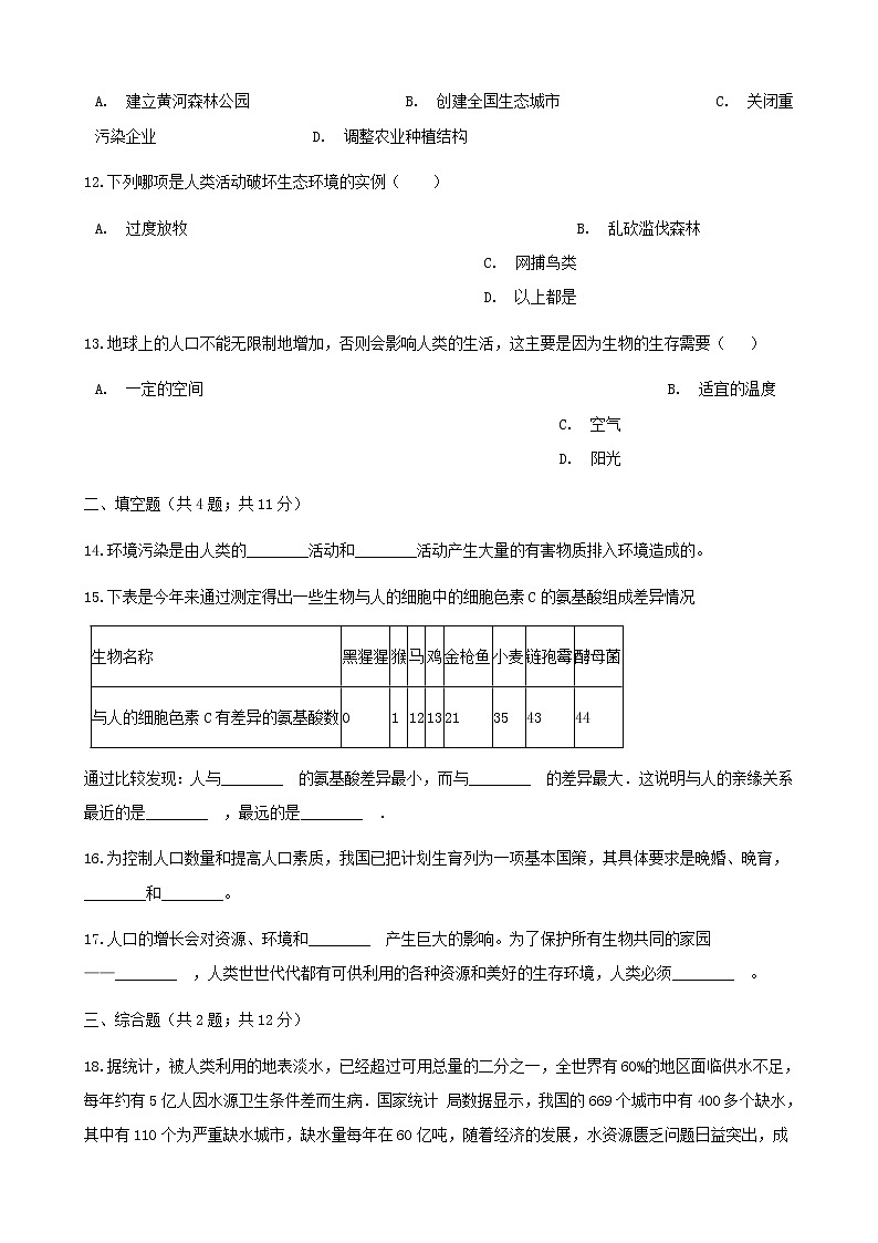2021年人教版七年级生物下册 第7章第1节 分析人类活动对生态环境的影响同步测试(含答案)03