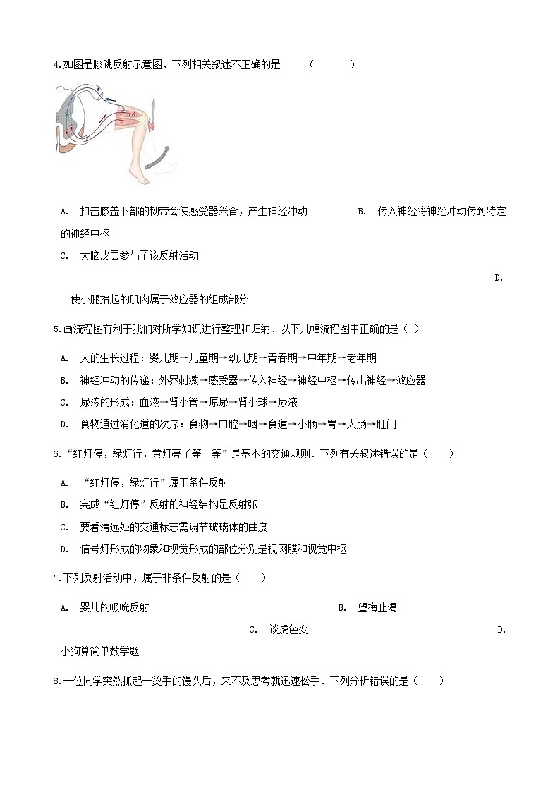 2021年人教版七年级生物下册 第6章第3节 神经调节的基本方式同步测试(含答案)02