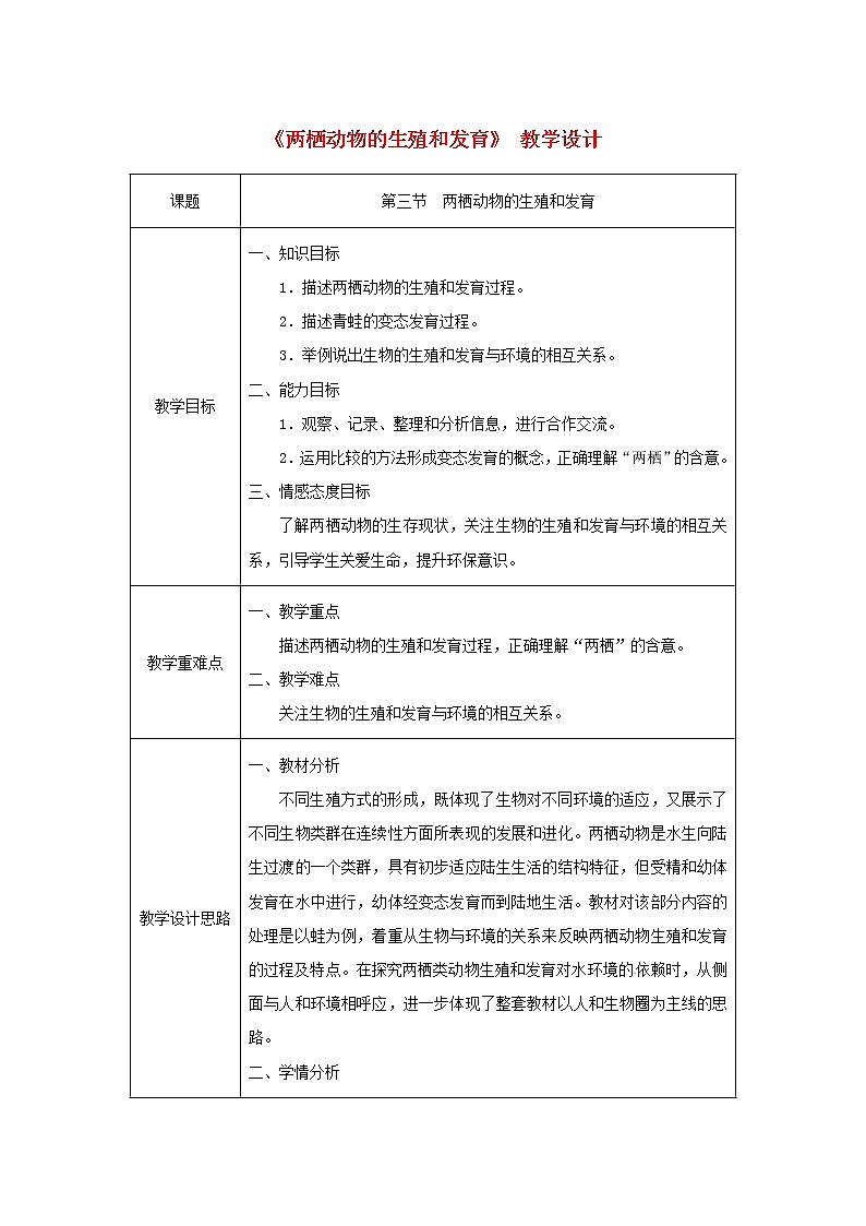 2021年人教版八年级生物下册第7单元第1章第3节 两栖动物的生殖与发育 教案01