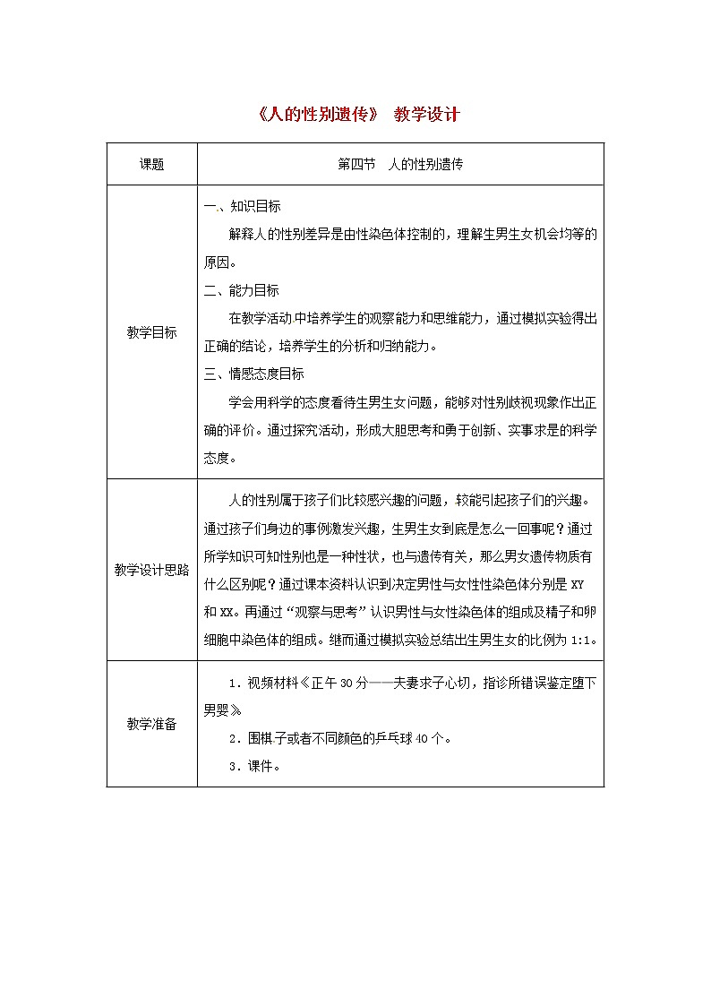 2021年人教版八年级生物下册第7单元第2章第4节 人的性别遗传 教案01