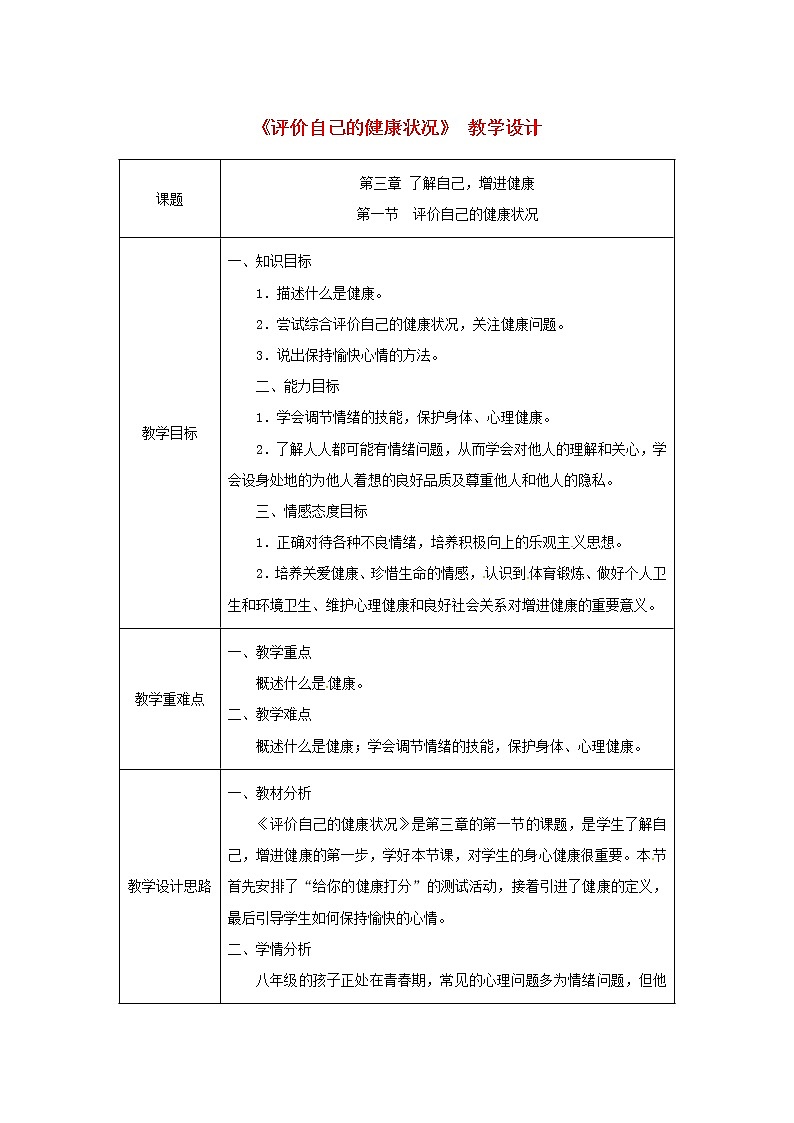 2021年人教版八年级生物下册第8单元第3章第1节 评价自己的降状况 教案01