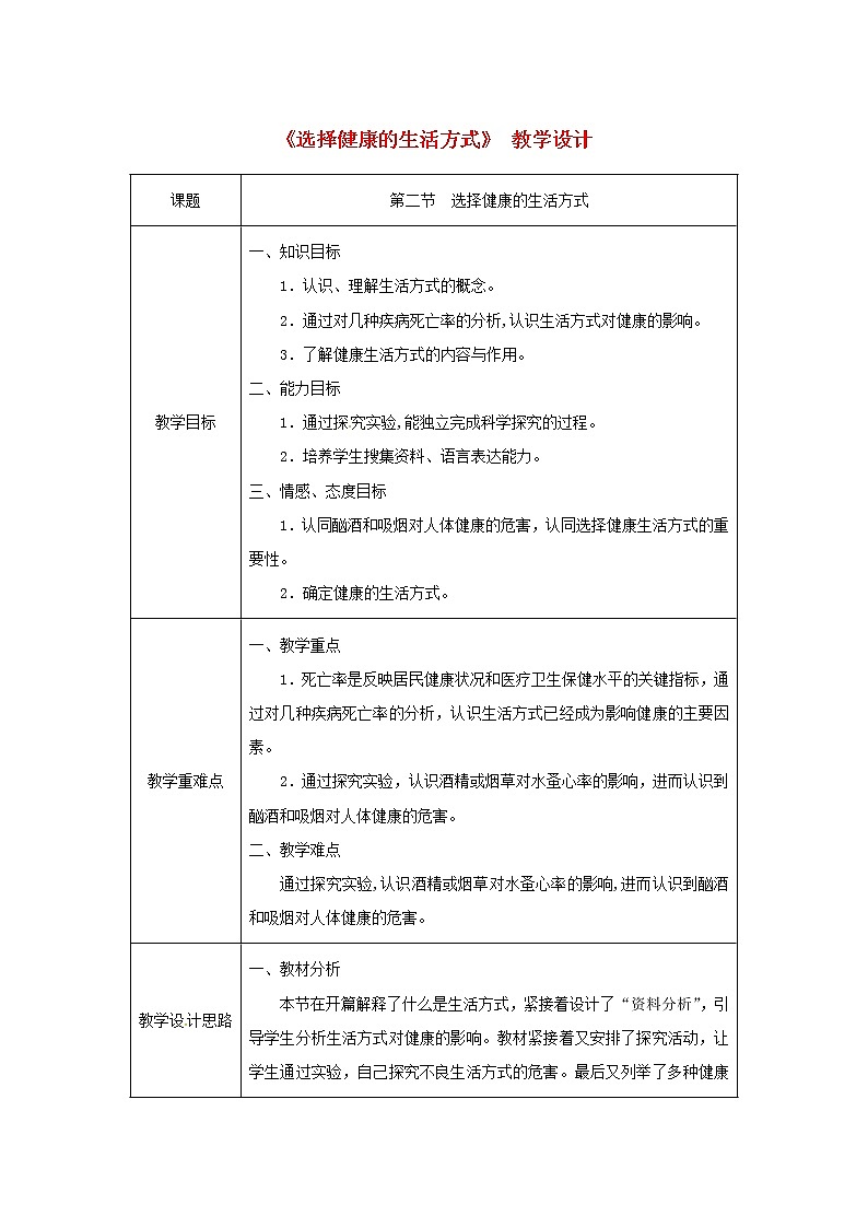 2021年人教版八年级生物下册第8单元第3章第2节 选择降的生活方式 教案01