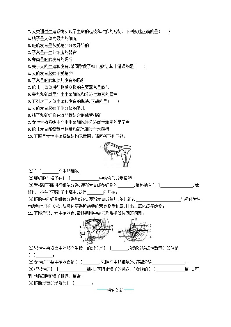 2020年北师大版八年级生物上册19.1人的生殖和发育第1课时 课后习题(含答案)02