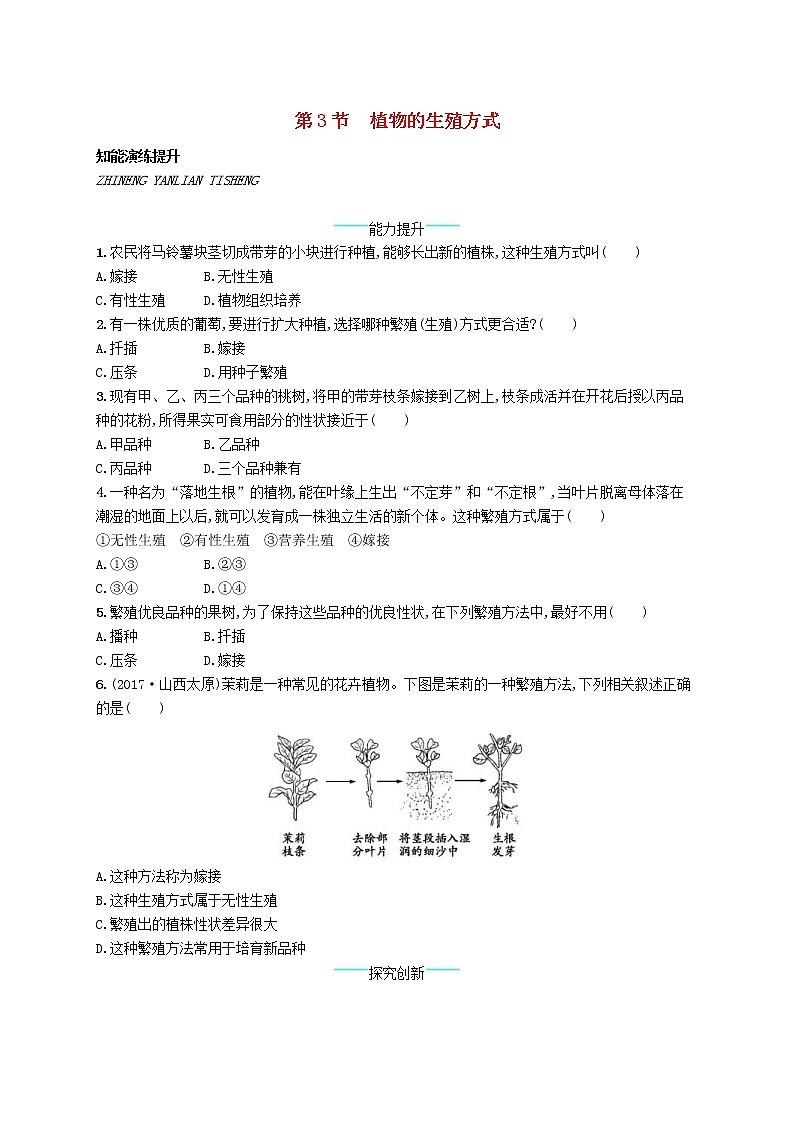 2020年北师大版八年级生物上册19.3植物的生殖方式 课后习题(含答案)01
