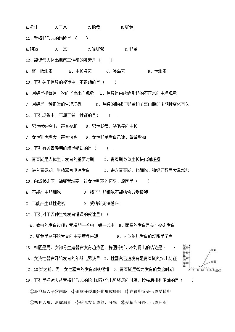 2020年北师大版八年级生物上册19.1人的生殖和生育 同步练习第2页