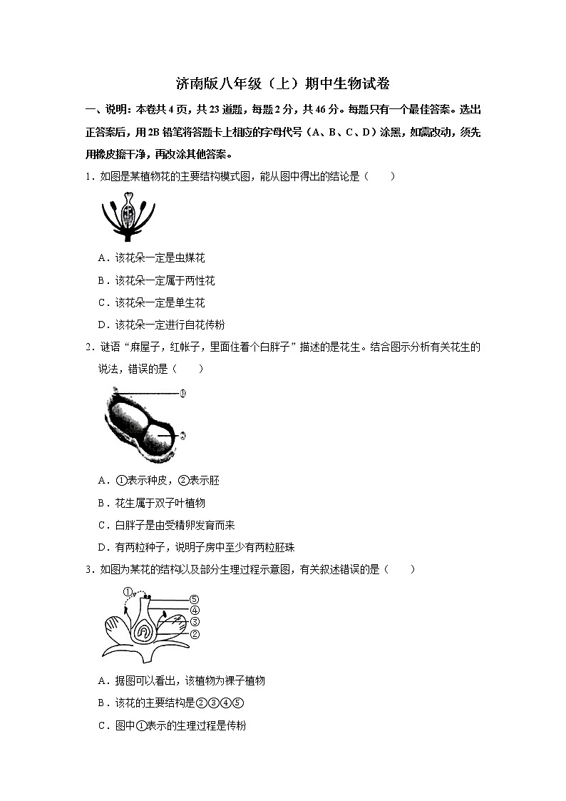 济南版八年级（上）期中生物试卷  解析版01