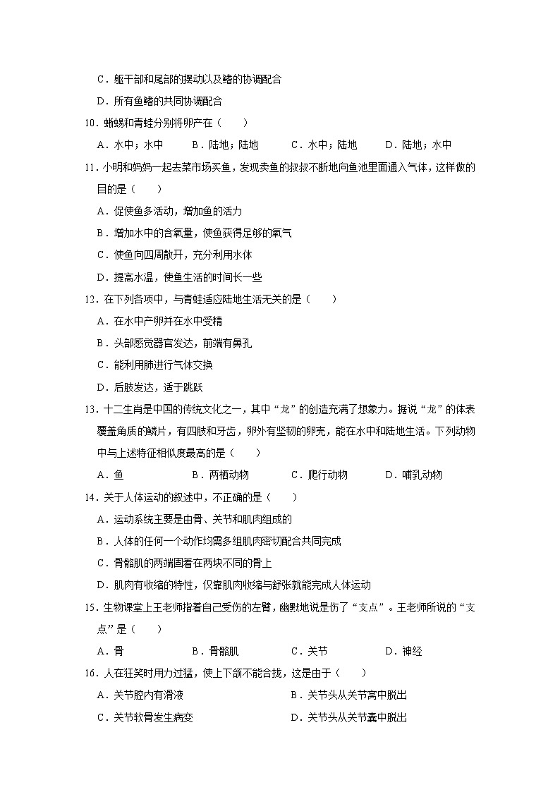 2020-2021学年福建省泉州市惠安县第一联盟八年级（上）期中生物试卷     解析版02