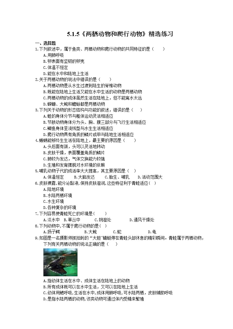 2020年人教版生物八年级上册5.1.5《两栖动物和爬行动物》精选练习(含答案)01