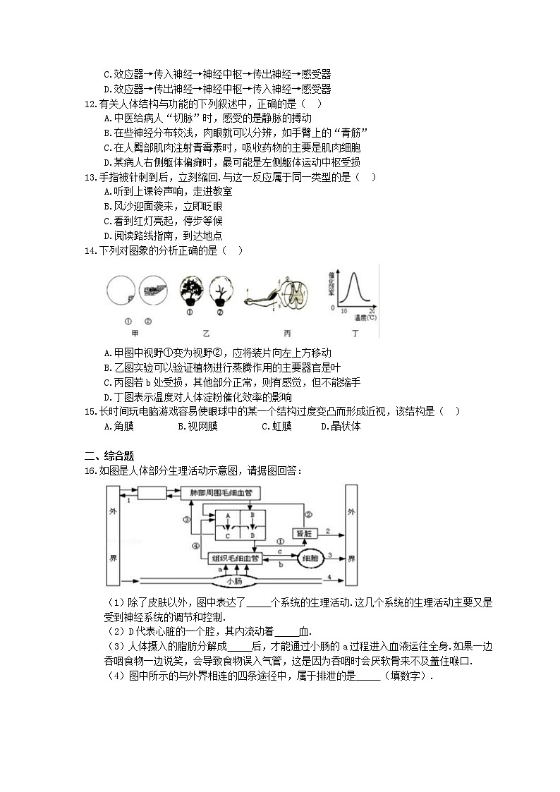 2021年人教版生物七年级下册第四单元第六章《人体生命活动的调节》单元测试(含答案)02