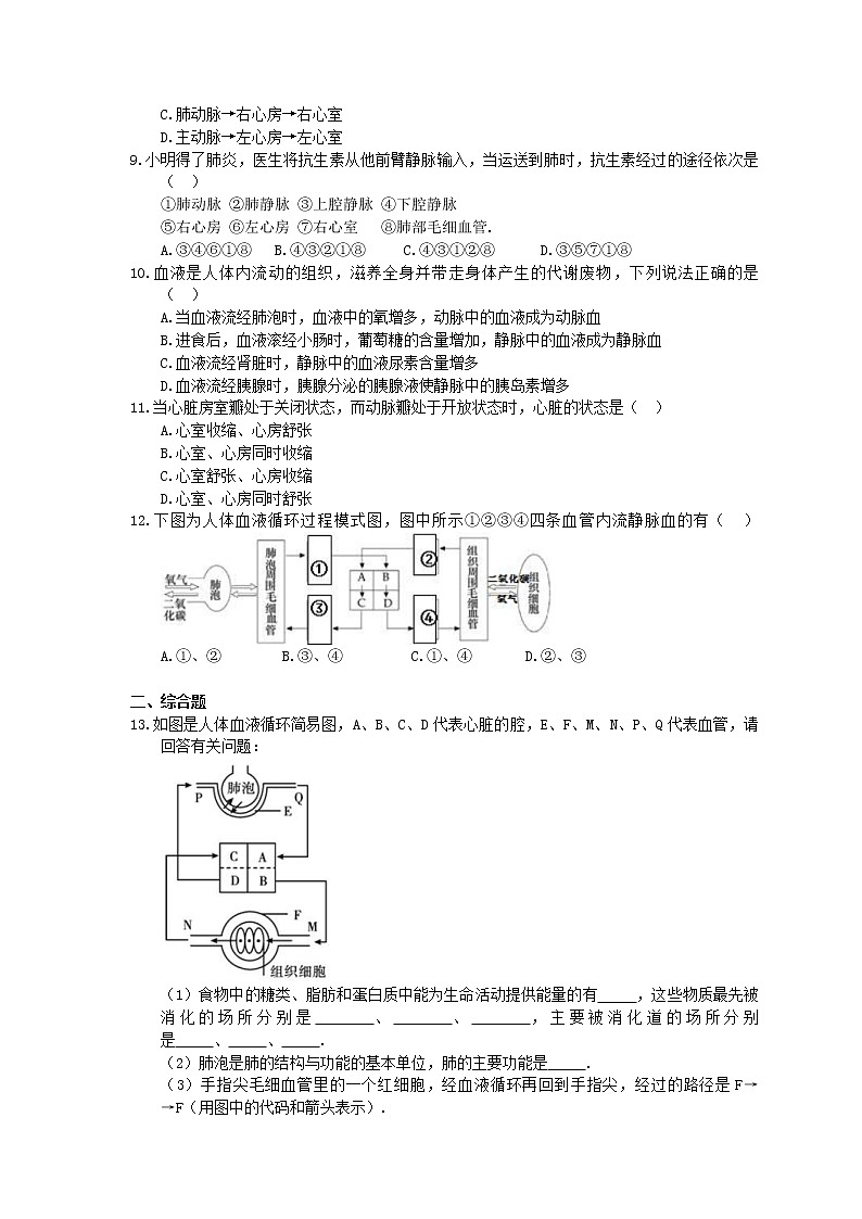 人教版生物七年级下册4.4.3《输送血液的泵心脏》同步练习02