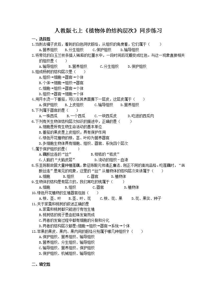 2020年人教版生物七上《植物体的结构层次》同步练习(含答案)01